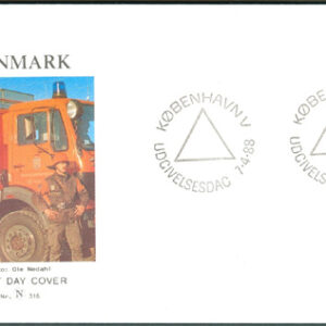 Danmark – FDC 1988-04-07 – Brandbil – Civilförsvaret 50 år, märke kpl Vinjett 2