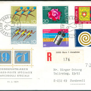 Schweiz – FDC 1971-03-11 – Minnen bla Sport & Satellit, vacker serie 6 kpl