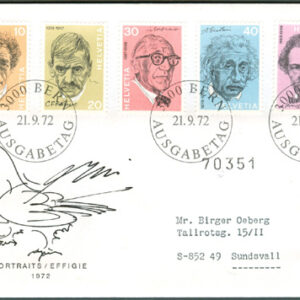 Schweiz – FDC 1972-09-21 – Berömda Personer bla A Einstein, fin serie 5 kpl