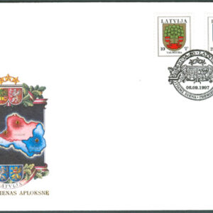 Lettland – FDC 1997-09-06 – Vapen bla Wolmar, fin serie 2 kpl