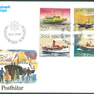 Färöarna – FDC 1992-02-10 – Postbåtar bla Ångaren Ruth, 4 kpl Vinjett 1