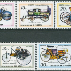 Nordkorea – M 2624-2628 Gamla Bilar bla Benz-Dreirad, serie 5 kpl **