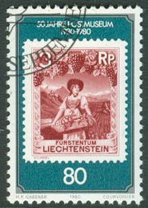 Liechtenstein – M  750 Postmuseum i Vaduz 50 år, märke kpl