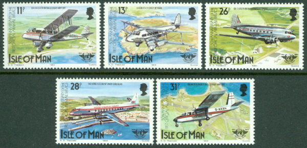 Isle of Man - M  256-260 Flygförbindelse med fastlandet 50 år, ICAO 40 år, 5 kpl **