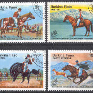 Burkina Faso – M 1035-1040 Hästar, Int. frim.utst. ARGENTINA 85, 4 ol stpl