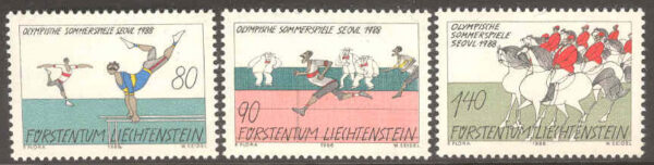 Liechtenstein - M  948-950 OS i Seoul 1988 Gymnastik & Hästar, serie 3 olika **