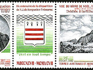 Franska Antarktis – M  371-372 200-årsdagen av amiral Yves Joseph de Kerguelen de Trémarecs död, 3-strip **