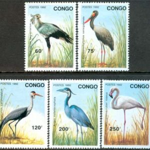 Kongo Brazzaville – M 1320-1324 Fåglar, bl.a. Sekreterarfågel, 5 kpl **