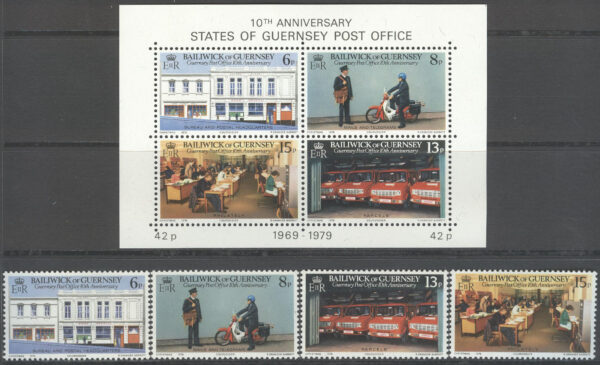 Guernsey - M  195-198 BL 2 Posten- Moped - Postbil, 4 kpl + Block **
