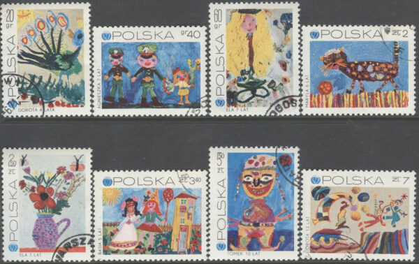 Polen - M 2079-2086 FN - UNICEF 25 år - Barnteckningar, serie 8 kpl
