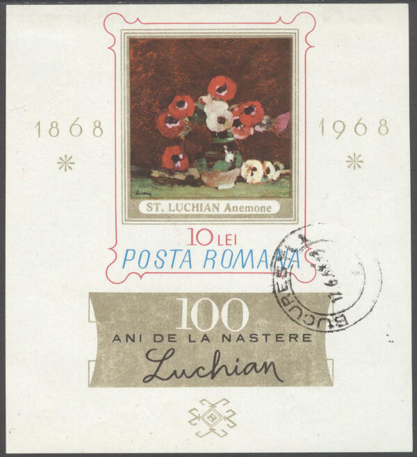 Rumänien - M BL  66 Konst - S Luchian 100 år - Blommor, Block