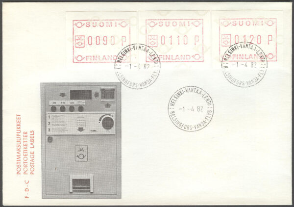 Finland - FDC 1982-04-01 - Frankeringsetiketter, serie 3 kpl Vinjett 2
