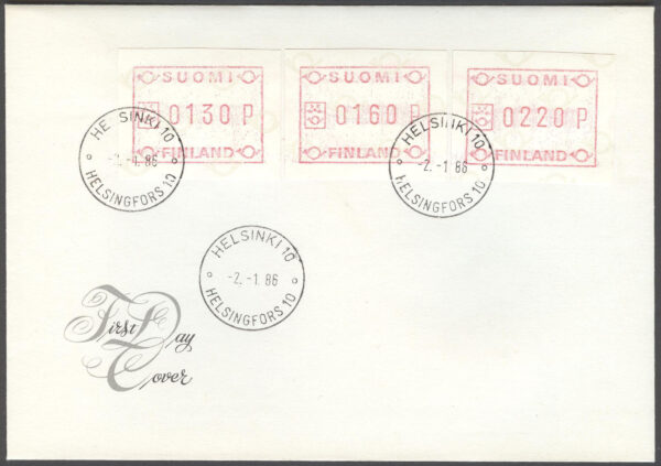 Finland - FDC 1986-01-02 - Frankeringsetiketter, serie 3 kpl Vinjett 1