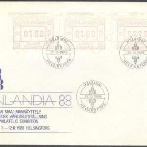 Finland – FDC 1986-10-31 – Frankeringsetiketter, serie 3 kpl Vinjett 1