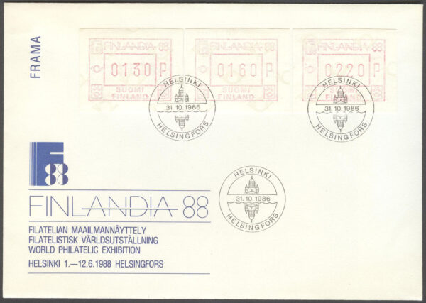 Finland - FDC 1986-10-31 - Frankeringsetiketter, serie 3 kpl Vinjett 1