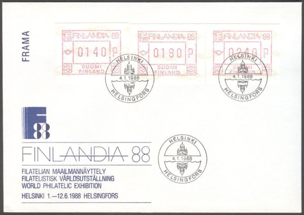 Finland - FDC 1988-01-04 - Frankeringsetiketter, serie 3 kpl Vinjett 1