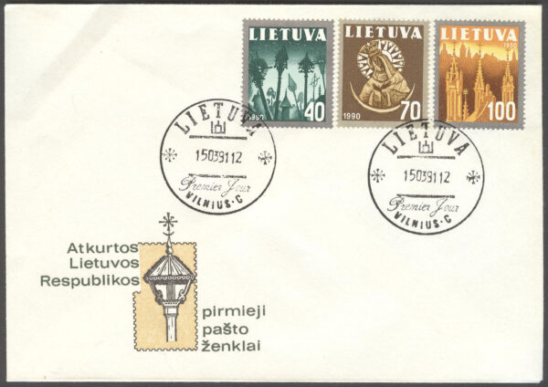Litauen - FDC 1991-03-15 - National Symboler bla Svarta Madonnan, serie 3 kpl