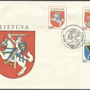 Litauen – FDC 1992-10-11 – Stadsvapen bla Vilnius, serie 3 kpl