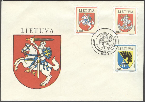 Litauen - FDC 1992-10-11 - Stadsvapen bla Vilnius, serie 3 kpl