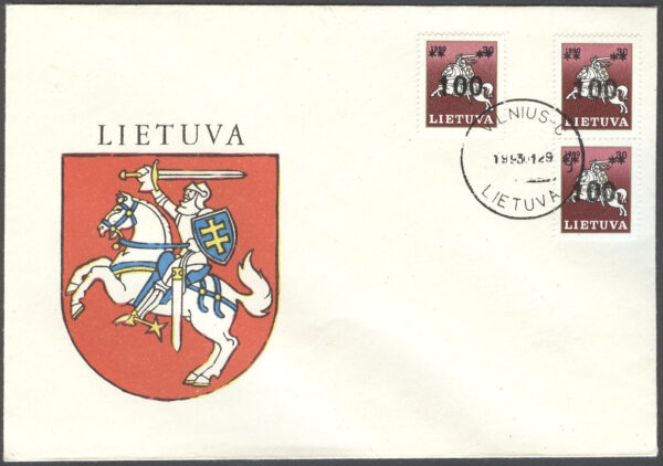 Litauen - FDC 1993-01-26 - Litauisk Ryttare - Påtryck, märke kpl