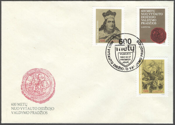 Litauen - FDC 1993-02-27 - Storfursten Vytautas som regent 600 år, serie 3 kpl