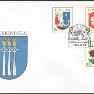 Litauen – FDC 1994-09-10 – Stadsvapen bla Perloja, serie 3 kpl