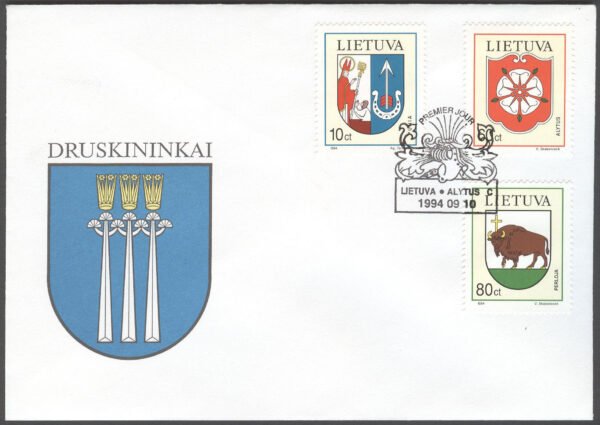 Litauen - FDC 1994-09-10 - Stadsvapen bla Perloja, serie 3 kpl