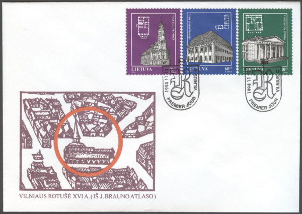 Litauen - FDC 1993-11-12 - Arkitektur - Rådhus i bla Kaunas, serie 3 kpl