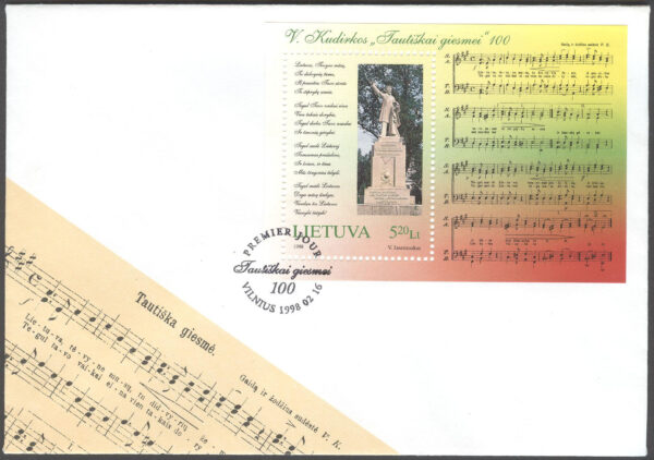 Litauen - FDC 1998-02-16 - Nationalsången 100 år - Musik, Block