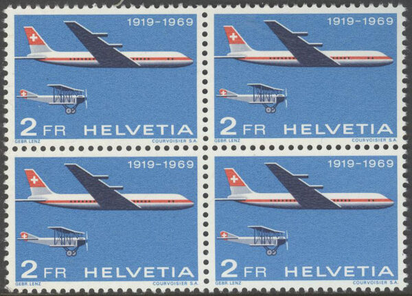 Schweiz - M  899 Flyg - Flygplan - Luftposttrafik i Schweiz 50 år, 4-Block **