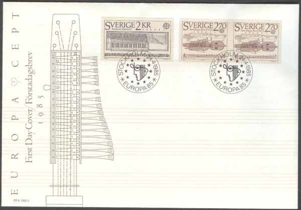 Sverige - FDC 1985-04-24 - Europa 1985 Europeiska Musikåret, 3 kpl Vinjett 1