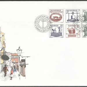 Sverige – FDC 1985-08-28 – Gamla skyltar, HBL kpl Vinjett 1