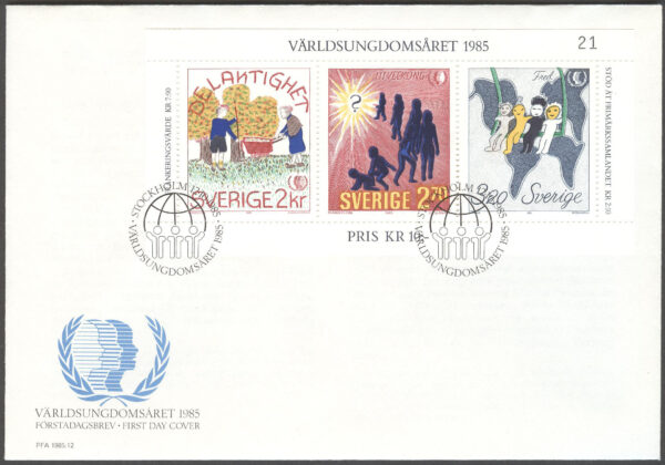 Sverige - FDC 1985-10-12 - Världsungdomsåret, HBL kpl Vinjett 1