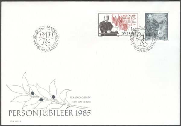 Sverige - FDC 1985-10-12 - Personjubiléer, 2 kpl Vinjett1
