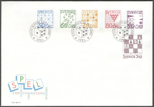 Sverige - FDC 1985-10-12 - Spel, 6 kpl Vinjett 1