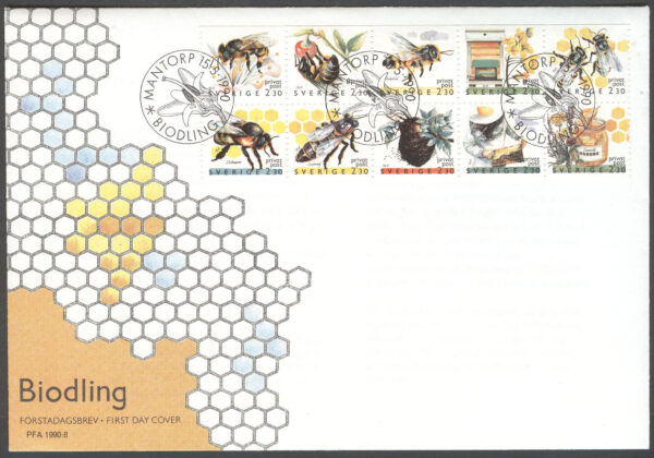 Sverige - FDC 1990-05-15 - Rabattmärken XII - Biodling, serie 10 kpl Vinjett 1