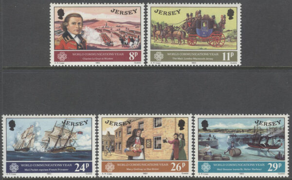 Jersey - M  303-307 Världskomunikationsåret 1983 - Hästar - Båtar, 5 kpl **