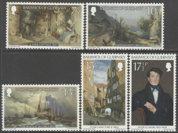 Guernsey - M  213-217 Jul 1980 - Konst av P Le Lievre bla landskap, 5 kpl **