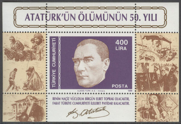 Turkiet - M BL  27 Kemal Atatürk död i 50 år - President, Block **