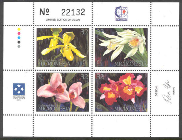 Micronesien - M  431-434 Blommor, orkidéer, 4 kpl i miniark**