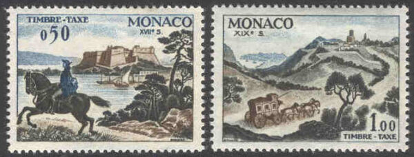 Monaco - M P   64-65 Postbefordran, postryttare, postdiligens 2 olika *