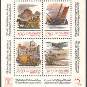 Danmark – F  884-887 (BL 5) Hafnia 87 – Postleveranser, bil, båt, flyg, hästdiligens, block **