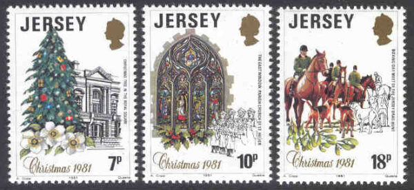 Jersey - M  270-272 Jul 1981, Julgran, kyrkfönster, rävjakt till häst, 3 kpl**