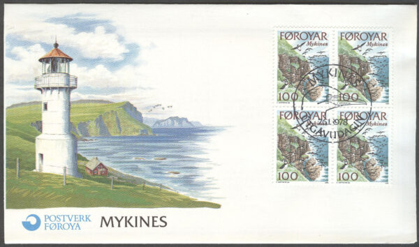 Färöarna - FDC 1978-01-26 - Landskap - Mykines - Fyrar,  5 st 4-Block kpl Vinjett 1