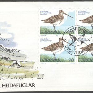 Färöarna – FDC 1977-09-29 – Fåglar bla Liten Regnspov, 3 st 4-Block kpl Vinjett 1