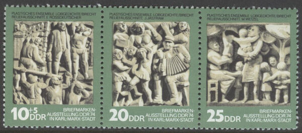 DDR - M 1988-1990 Filatelins Dag 1974 - Utställning DDR 74, 3-strip kpl **