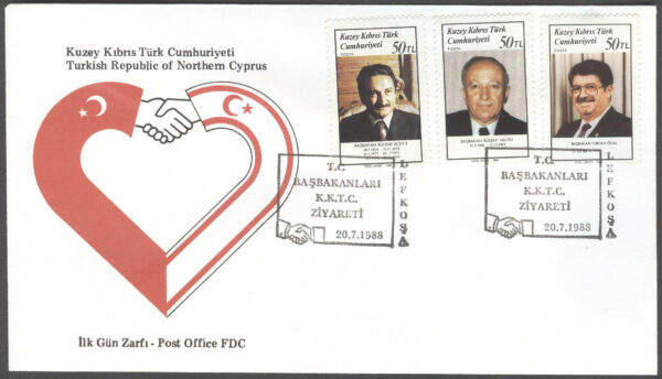 Turk. Cypern - FDC 1988-07-20 - Turkiets President på besök, serie 3 kpl