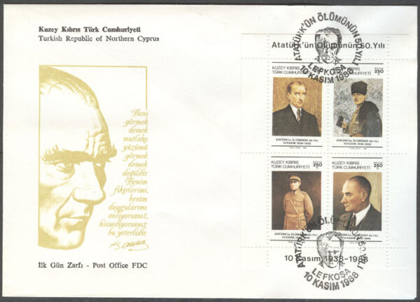 Turk. Cypern - FDC 1988-11-10 -  Kemal Atatürk död i 50 år - President, Block