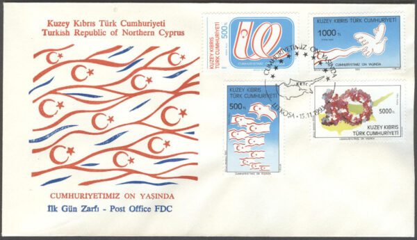Turk. Cypern - FDC 1993-11-15 - Turkiska Republiken Nordcypern 10 år, serie 4 kpl