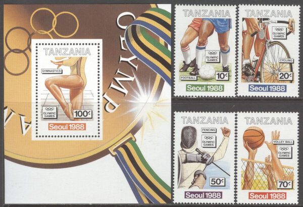 Tanzania - M  471-474 + BL 76 OS i Seoul 1988 II, serie 4 kpl + Block **